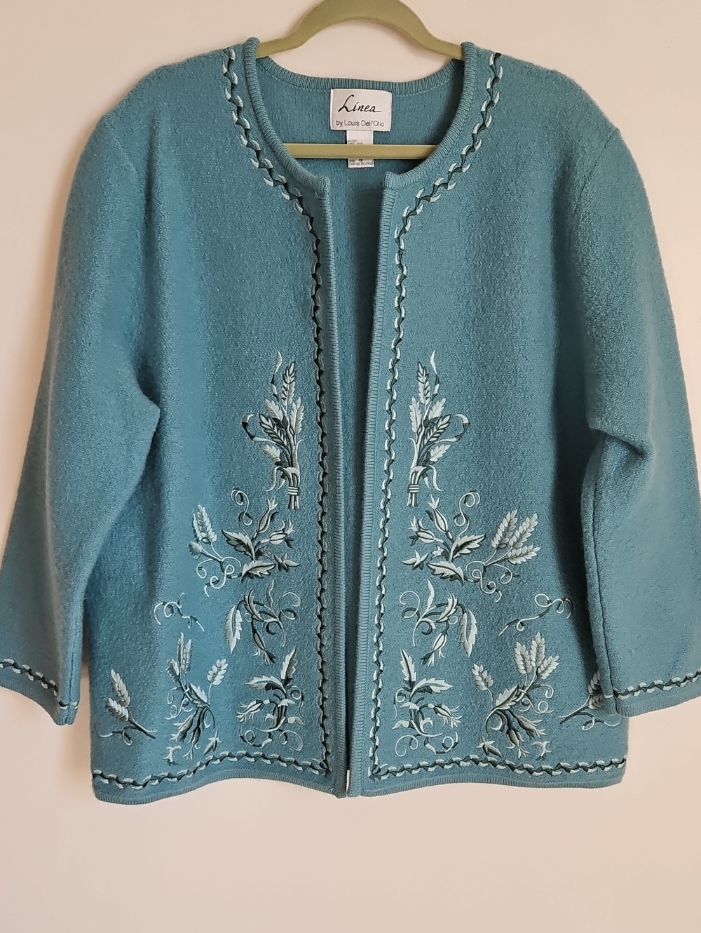 Linea Louis Dell Olio Boiled Wool  Embroidered Open Blazer Jacket 1X Blue